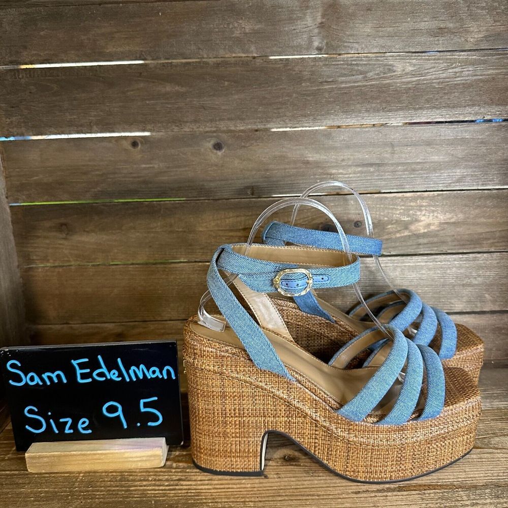 New NIB Womens Sam Edelman Tibby Blue Denim Wedge Heeled Sandals Shoes Size 9.5